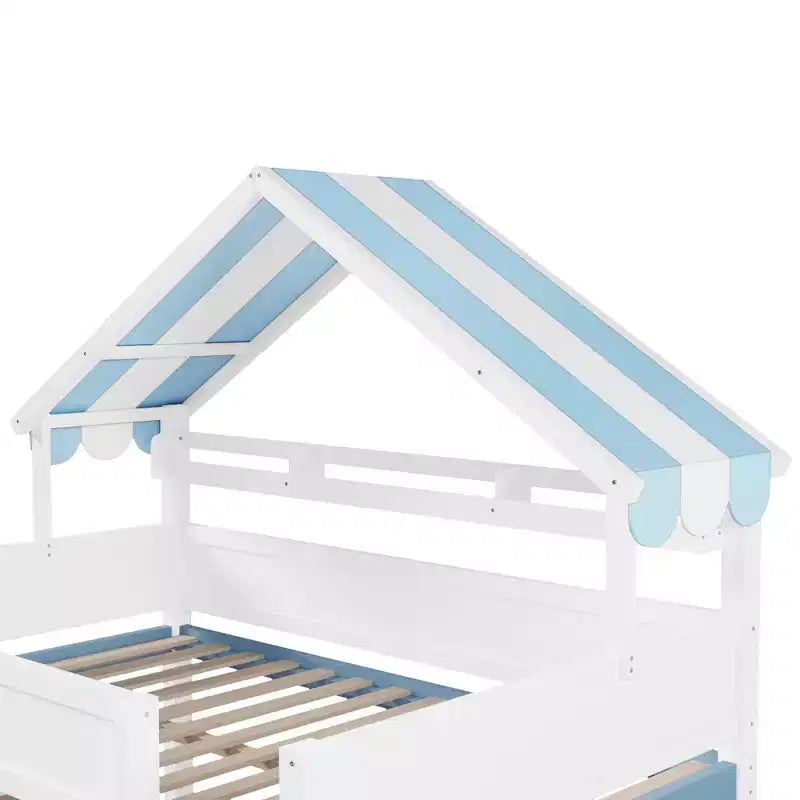 Weißes Kiefernholz-Hochbett mit Spitzdach und Schrank – Weiß/Blau oder Weiß/Grün