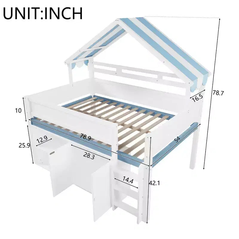 Weißes Kiefernholz-Hochbett mit Spitzdach und Schrank – Weiß/Blau oder Weiß/Grün