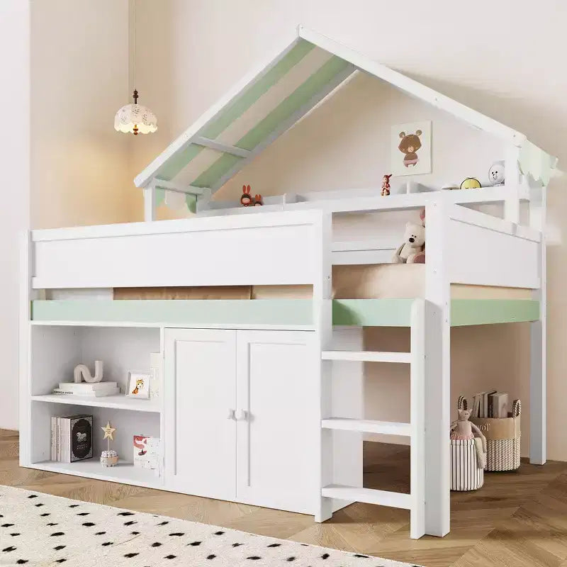 Weißes Kiefernholz-Hochbett mit Spitzdach und Schrank – Weiß/Blau oder Weiß/Grün