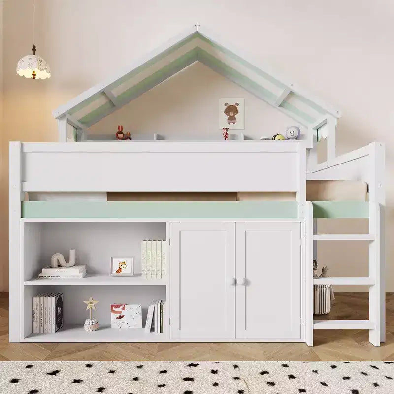 Weißes Kiefernholz-Hochbett mit Spitzdach und Schrank – Weiß/Blau oder Weiß/Grün