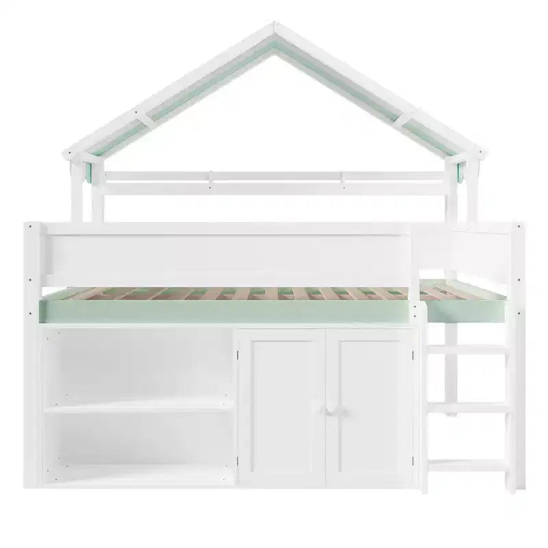 Weißes Kiefernholz-Hochbett mit Spitzdach und Schrank – Weiß/Blau oder Weiß/Grün