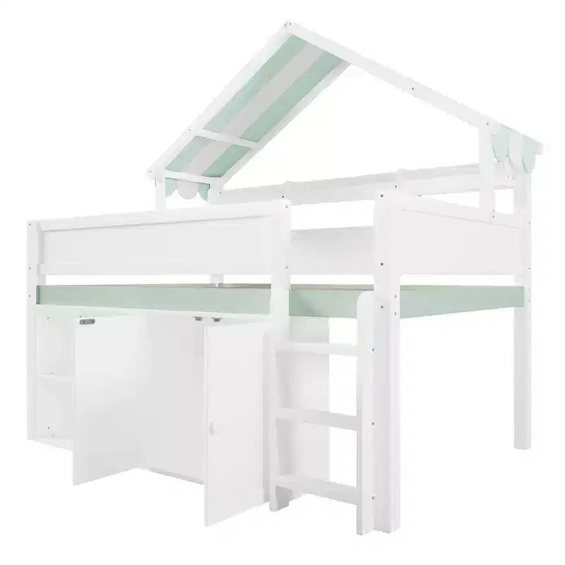 Weißes Kiefernholz-Hochbett mit Spitzdach und Schrank – Weiß/Blau oder Weiß/Grün