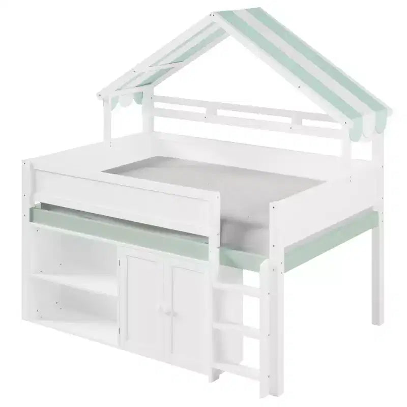 Weißes Kiefernholz-Hochbett mit Spitzdach und Schrank – Weiß/Blau oder Weiß/Grün