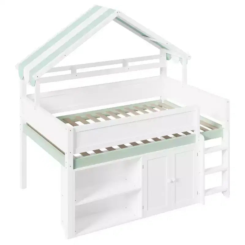 Weißes Kiefernholz-Hochbett mit Spitzdach und Schrank – Weiß/Blau oder Weiß/Grün