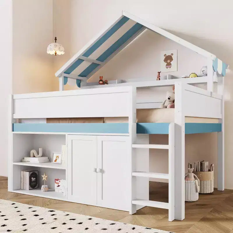 Weißes Kiefernholz-Hochbett mit Spitzdach und Schrank – Weiß/Blau oder Weiß/Grün