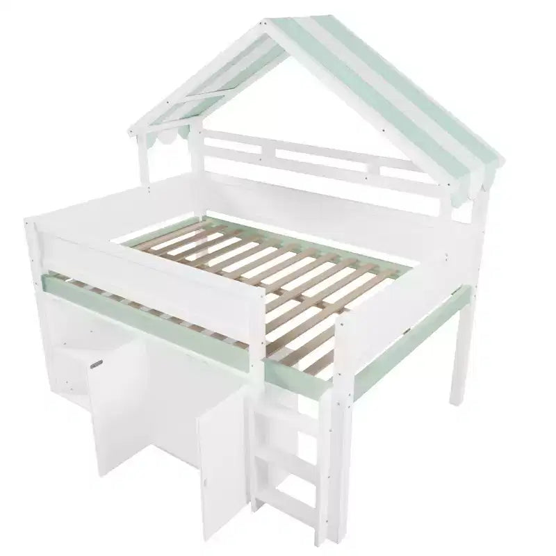 Weißes Kiefernholz-Hochbett mit Spitzdach und Schrank – Weiß/Blau oder Weiß/Grün