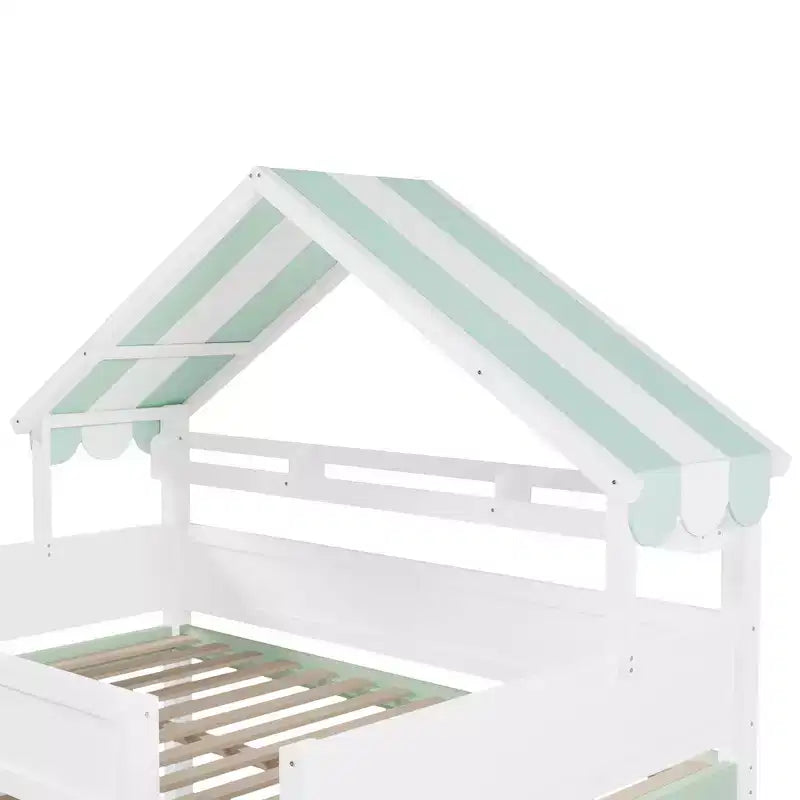 Weißes Kiefernholz-Hochbett mit Spitzdach und Schrank – Weiß/Blau oder Weiß/Grün