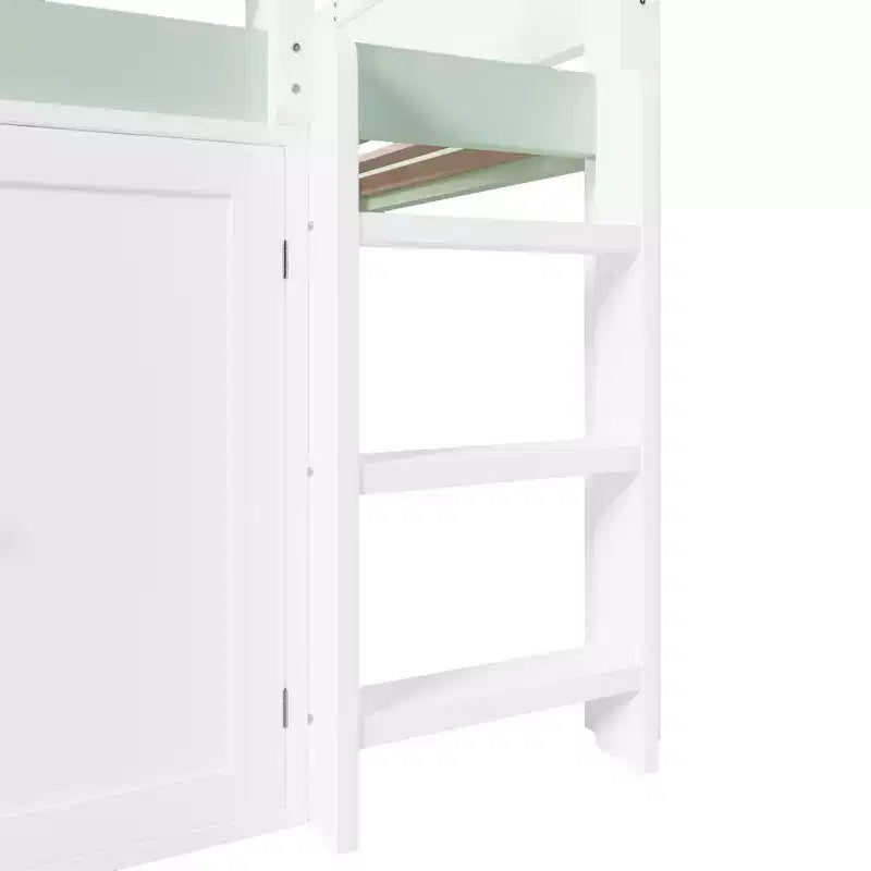 Weißes Kiefernholz-Hochbett mit Spitzdach und Schrank – Weiß/Blau oder Weiß/Grün