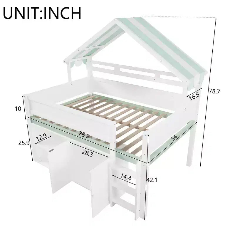 Weißes Kiefernholz-Hochbett mit Spitzdach und Schrank – Weiß/Blau oder Weiß/Grün