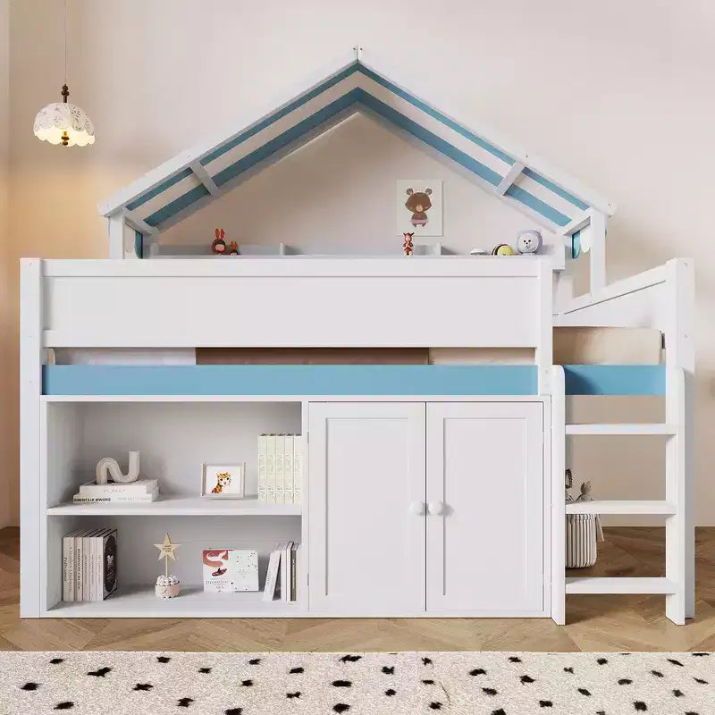 Weißes Kiefernholz-Hochbett mit Spitzdach und Schrank – Weiß/Blau oder Weiß/Grün