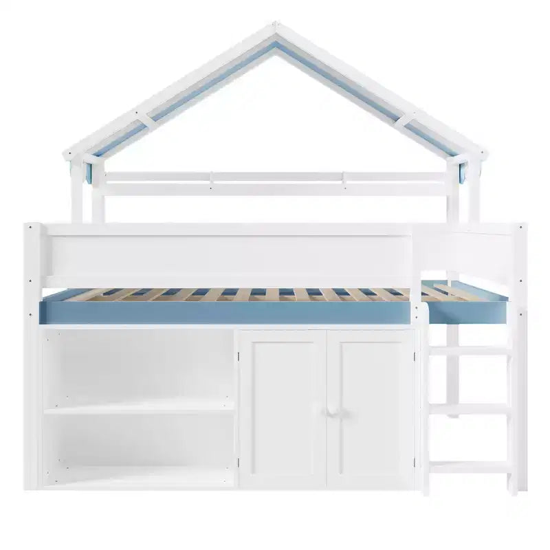 Weißes Kiefernholz-Hochbett mit Spitzdach und Schrank – Weiß/Blau oder Weiß/Grün