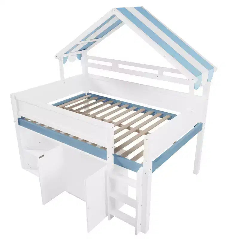 Weißes Kiefernholz-Hochbett mit Spitzdach und Schrank – Weiß/Blau oder Weiß/Grün