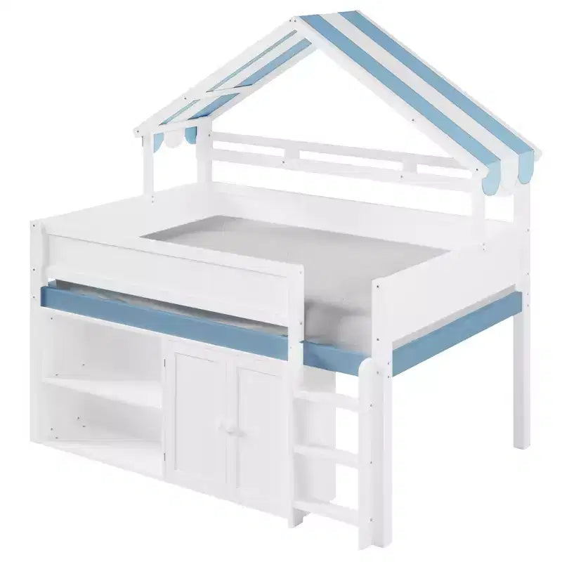 Weißes Kiefernholz-Hochbett mit Spitzdach und Schrank – Weiß/Blau oder Weiß/Grün