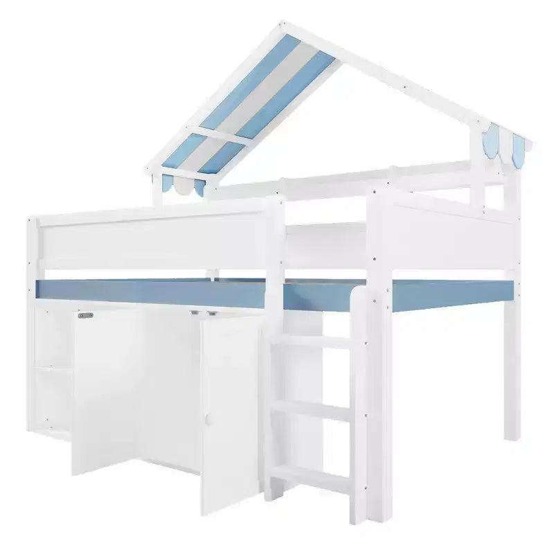 Weißes Kiefernholz-Hochbett mit Spitzdach und Schrank – Weiß/Blau oder Weiß/Grün
