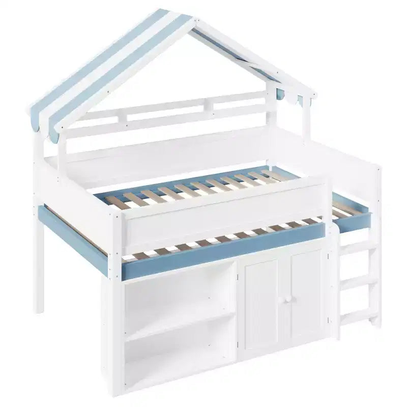 Weißes Kiefernholz-Hochbett mit Spitzdach und Schrank – Weiß/Blau oder Weiß/Grün