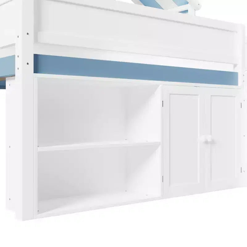 Weißes Kiefernholz-Hochbett mit Spitzdach und Schrank – Weiß/Blau oder Weiß/Grün
