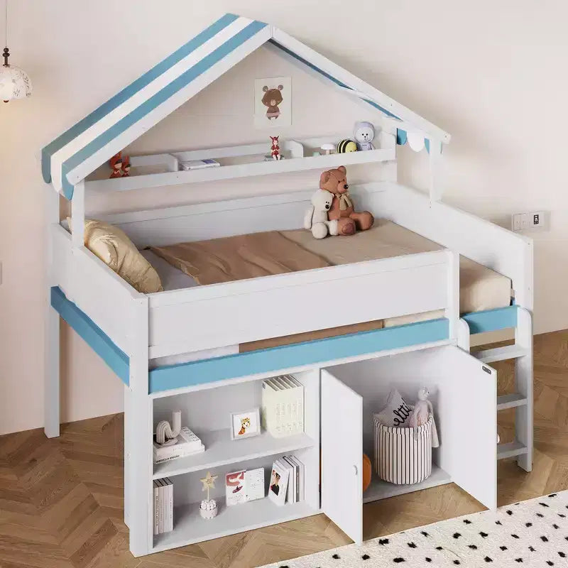 Whisen Full Size Loft Bed, House-Inspired Design with Canopy Roof and Storage Cabinet