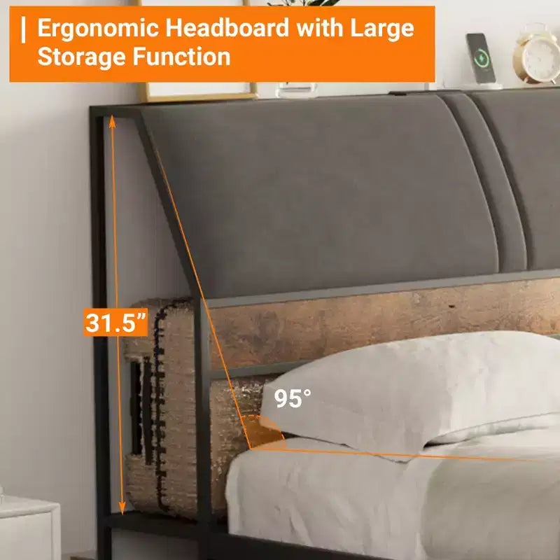 Gepolstertes graues Plattformbett mit Metallgestell – Doppelbett / Kingsize, mit oder ohne Schubladen