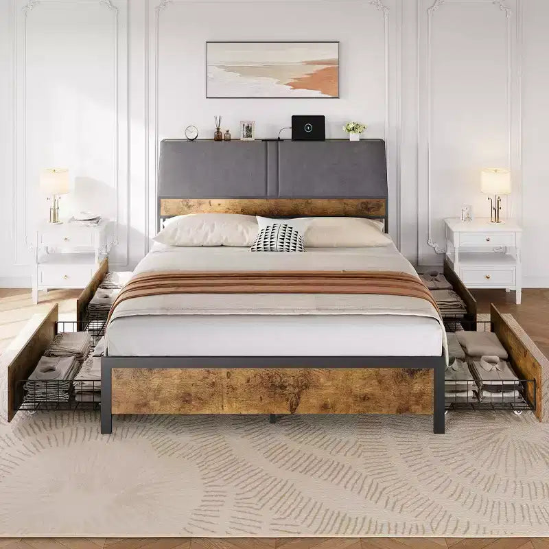 Gepolstertes graues Plattformbett mit Metallgestell – Doppelbett / Kingsize, mit oder ohne Schubladen