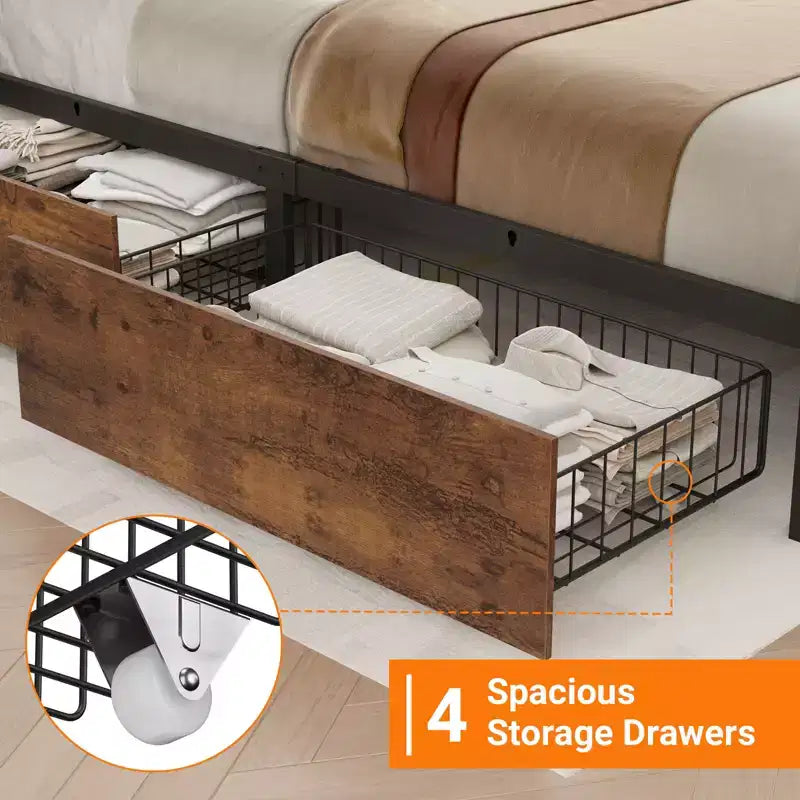 Gepolstertes graues Plattformbett mit Metallgestell – Doppelbett / Kingsize, mit oder ohne Schubladen