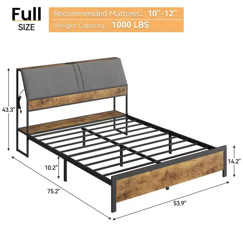 Gepolstertes graues Plattformbett mit Metallgestell – Doppelbett / Kingsize, mit oder ohne Schubladen