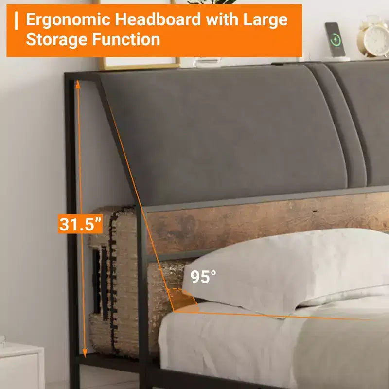 Gepolstertes graues Plattformbett mit Metallgestell – Doppelbett / Kingsize, mit oder ohne Schubladen
