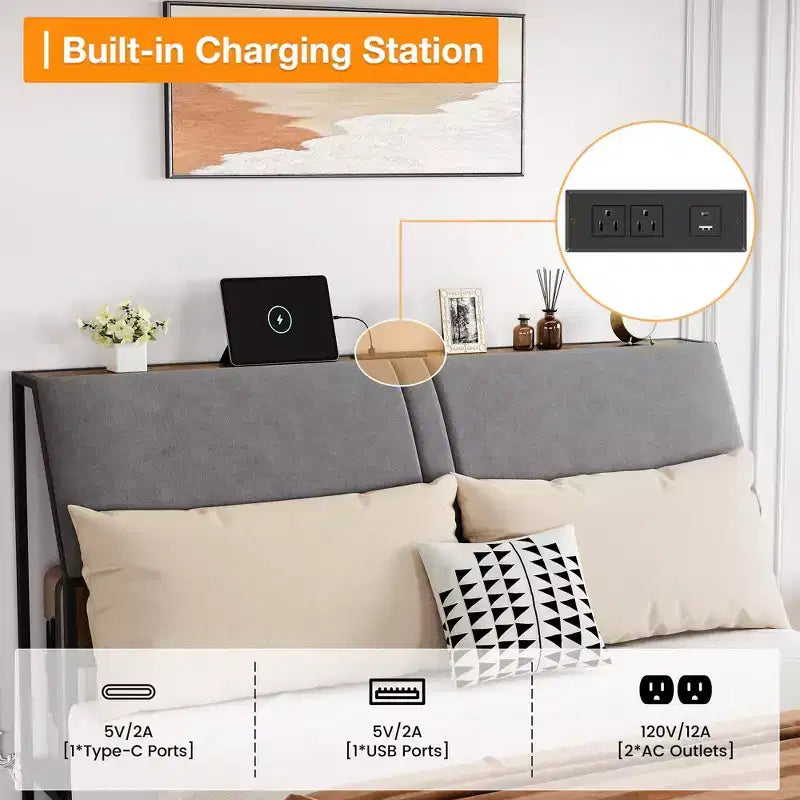 Gepolstertes graues Plattformbett mit Metallgestell – Doppelbett / Kingsize, mit oder ohne Schubladen