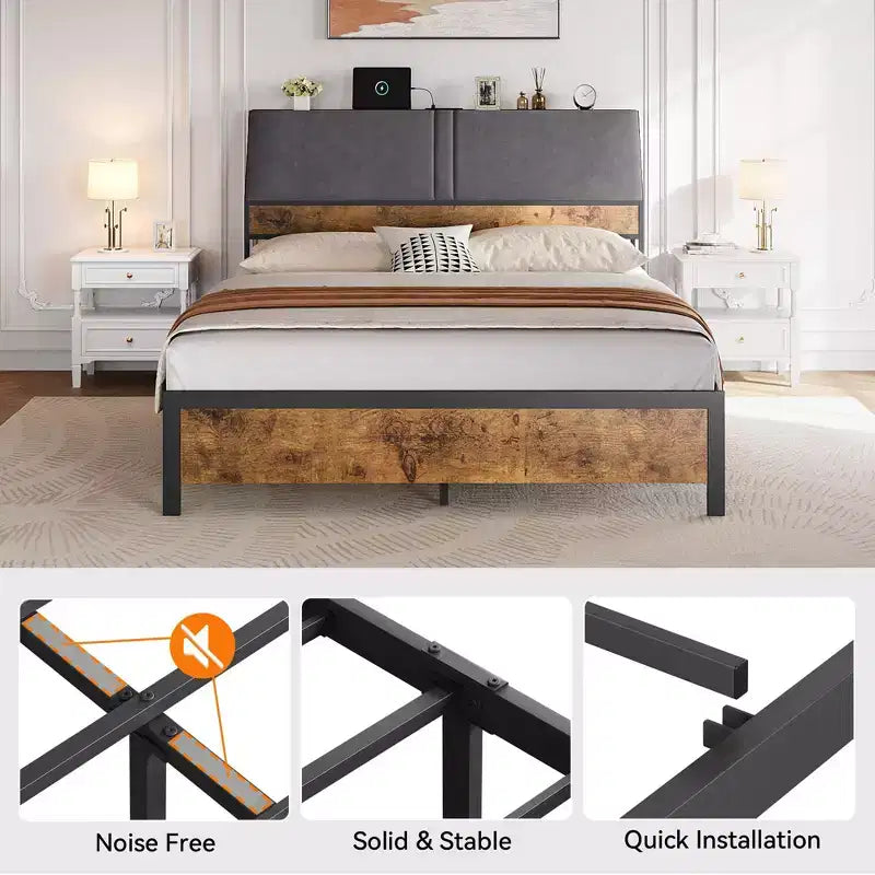 Gepolstertes graues Plattformbett mit Metallgestell – Doppelbett / Kingsize, mit oder ohne Schubladen