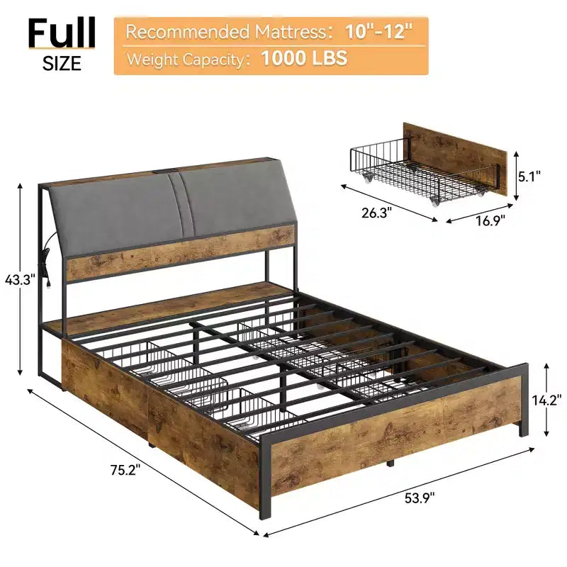 Gepolstertes graues Plattformbett mit Metallgestell – Doppelbett / Kingsize, mit oder ohne Schubladen