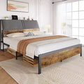 Platform Bed Frame with Upholstered Headboard, Charging Station, Durable Metal Frame, Noiseless, No Spring Mattress Required, Easy to Assemble