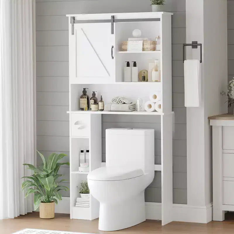 COZONY Over the Toilet Storage Cabinet with Sliding Barn Door, Bathroom Organizer Rack with Adjustable Shelf & Toilet Paper Holder for Bathroom