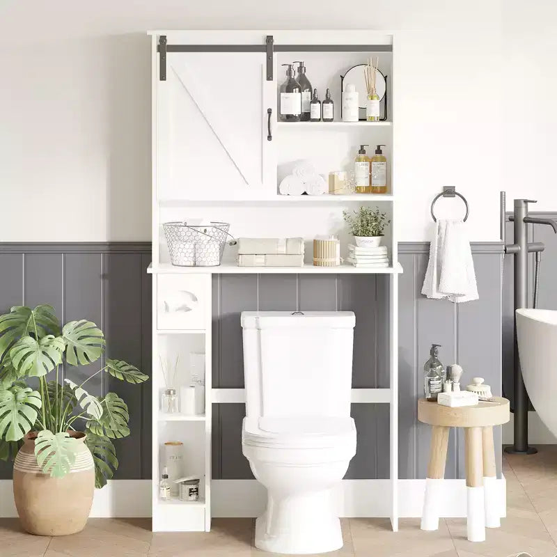 Toilettenaufsatzschrank aus MDF im Scheunentor-Stil mit verstellbarem Regal und Papierhalter – Braun