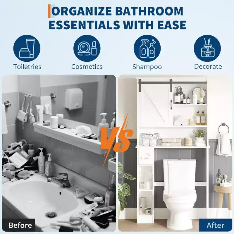 Toilettenaufsatzschrank aus MDF im Scheunentor-Stil mit verstellbarem Regal und Papierhalter – Braun