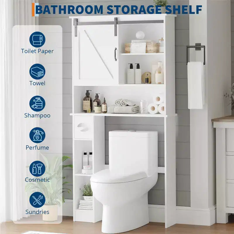 Toilettenaufsatzschrank aus MDF im Scheunentor-Stil mit verstellbarem Regal und Papierhalter – Braun