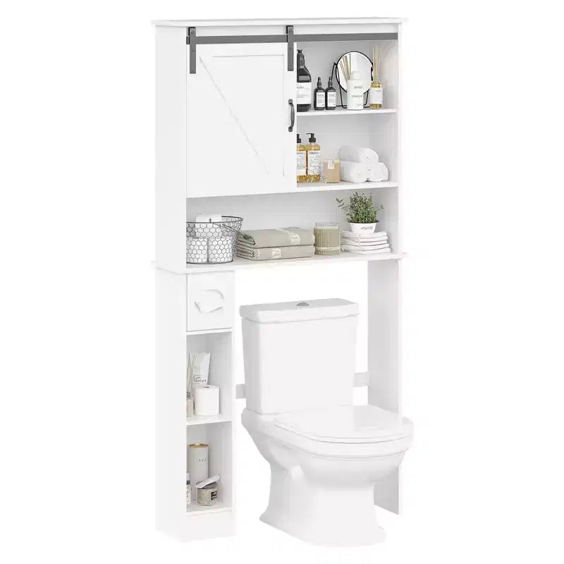 Toilettenaufsatzschrank aus MDF im Scheunentor-Stil mit verstellbarem Regal und Papierhalter – Braun