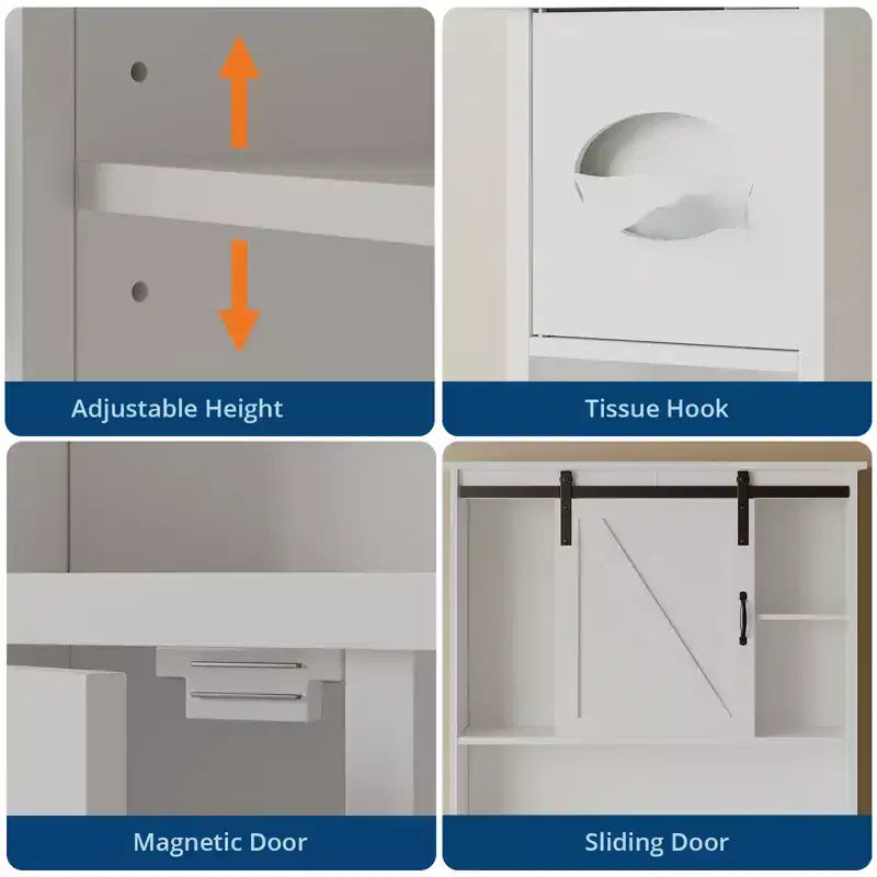 Toilettenaufsatzschrank aus MDF im Scheunentor-Stil mit verstellbarem Regal und Papierhalter – Braun