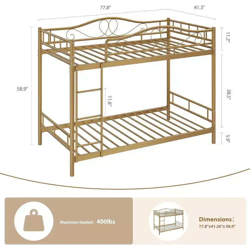 Metallisches Etagenbett Twin/Twin mit durchgehenden Seitengittern, 180 kg Tragkraft – Schwarz / Silber / Gold / Rosa / Weiß