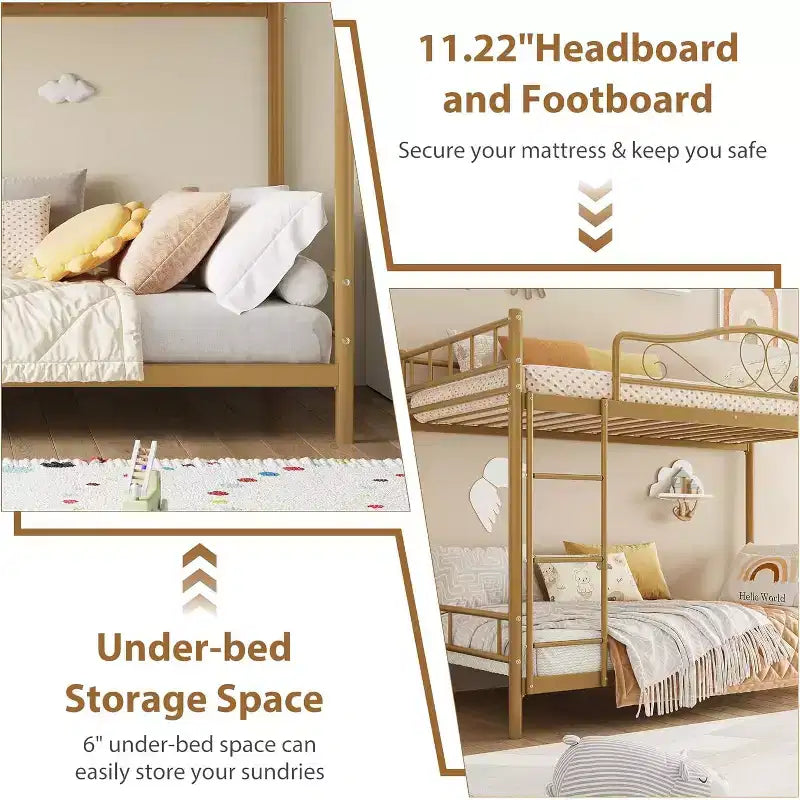 Metallisches Etagenbett Twin/Twin mit durchgehenden Seitengittern, 180 kg Tragkraft – Schwarz / Silber / Gold / Rosa / Weiß
