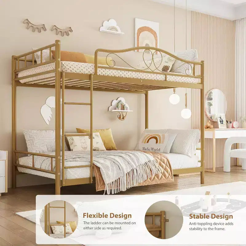 Metallisches Etagenbett Twin/Twin mit durchgehenden Seitengittern, 180 kg Tragkraft – Schwarz / Silber / Gold / Rosa / Weiß