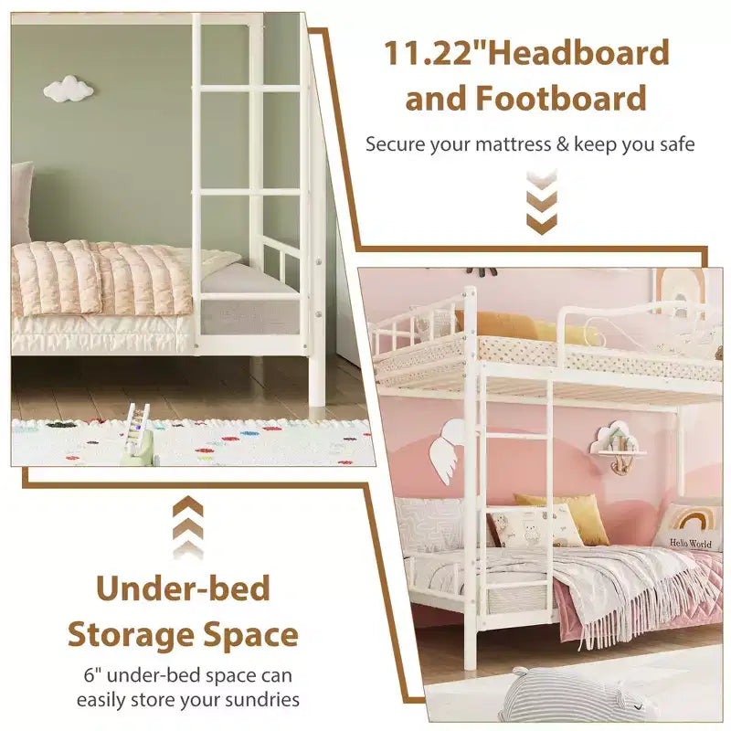 Metallisches Etagenbett Twin/Twin mit durchgehenden Seitengittern, 180 kg Tragkraft – Schwarz / Silber / Gold / Rosa / Weiß