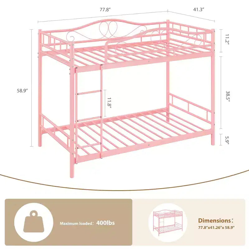 Metallisches Etagenbett Twin/Twin mit durchgehenden Seitengittern, 180 kg Tragkraft – Schwarz / Silber / Gold / Rosa / Weiß