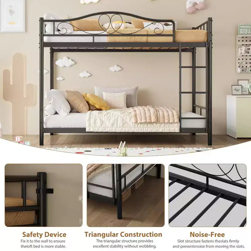 Metallisches Etagenbett Twin/Twin mit durchgehenden Seitengittern, 180 kg Tragkraft – Schwarz / Silber / Gold / Rosa / Weiß