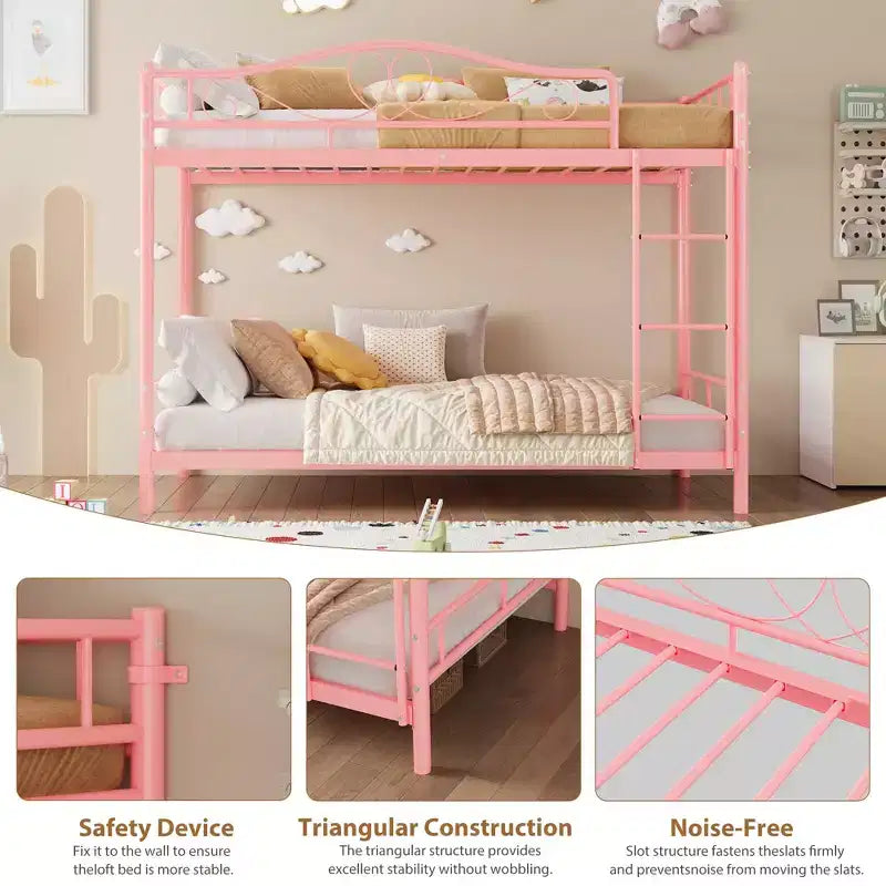 Metallisches Etagenbett Twin/Twin mit durchgehenden Seitengittern, 180 kg Tragkraft – Schwarz / Silber / Gold / Rosa / Weiß