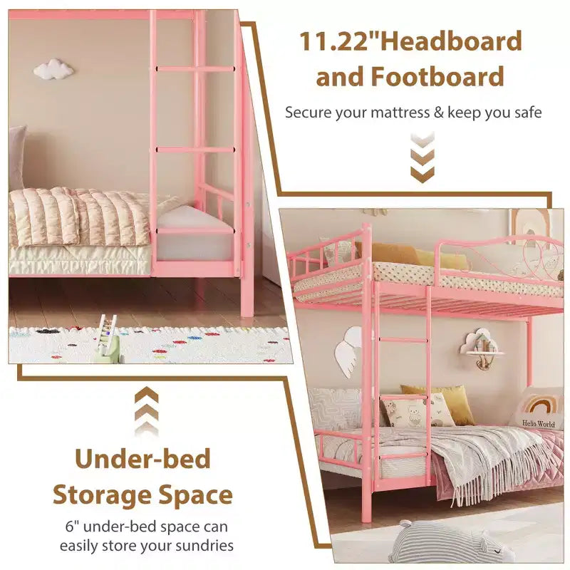 Metallisches Etagenbett Twin/Twin mit durchgehenden Seitengittern, 180 kg Tragkraft – Schwarz / Silber / Gold / Rosa / Weiß