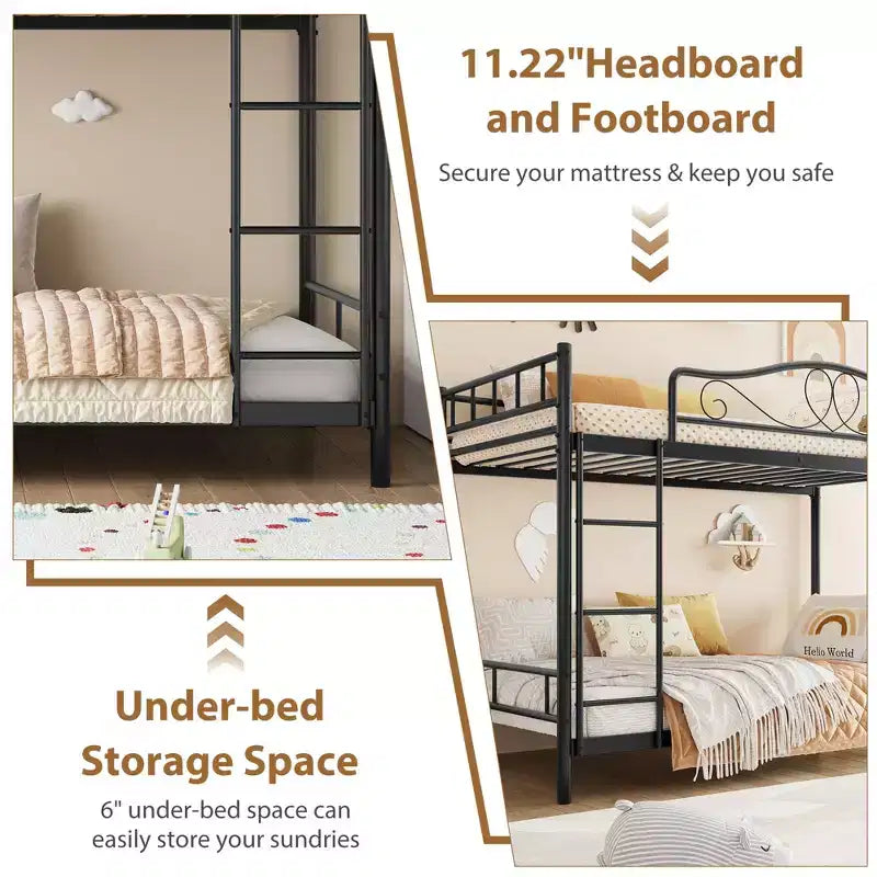 Metallisches Etagenbett Twin/Twin mit durchgehenden Seitengittern, 180 kg Tragkraft – Schwarz / Silber / Gold / Rosa / Weiß
