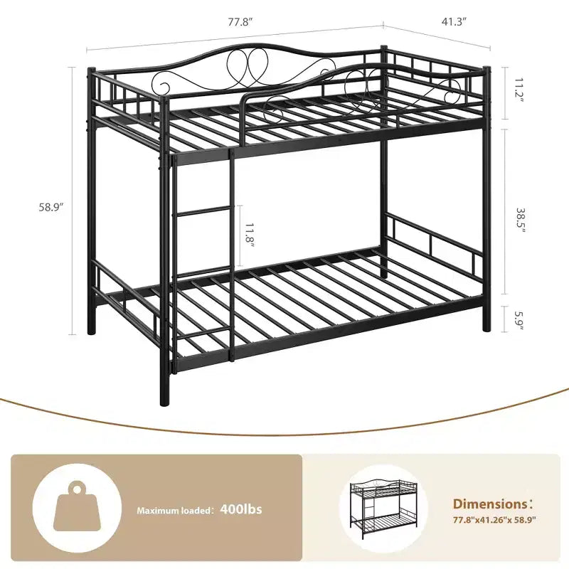 Metallisches Etagenbett Twin/Twin mit durchgehenden Seitengittern, 180 kg Tragkraft – Schwarz / Silber / Gold / Rosa / Weiß