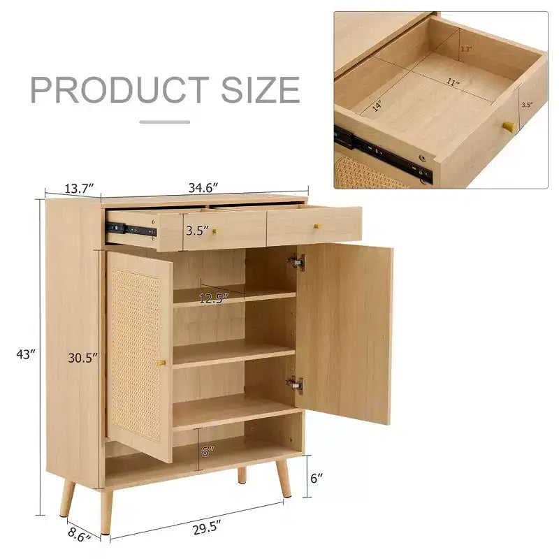 Schuhschrank im Mid-Century-Stil mit Rattan-Türen und Schubladen, Platz für 15 Paar – Nussbaum / Natur / Rattan