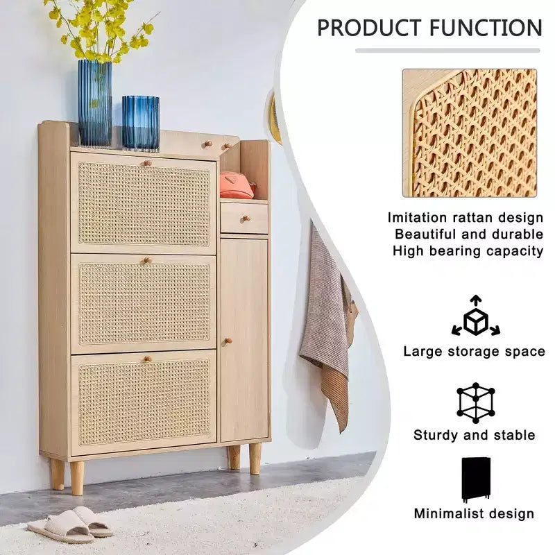 Schuhschrank im Mid-Century-Stil mit Rattan-Türen und Schubladen, Platz für 15 Paar – Nussbaum / Natur / Rattan