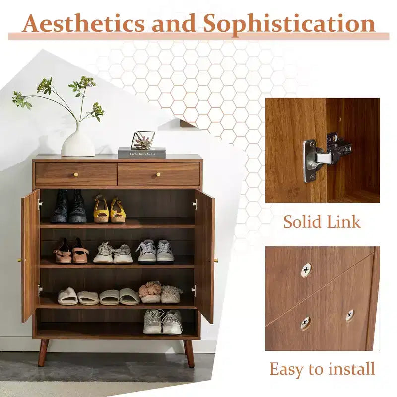 Schuhschrank im Mid-Century-Stil mit Rattan-Türen und Schubladen, Platz für 15 Paar – Nussbaum / Natur / Rattan
