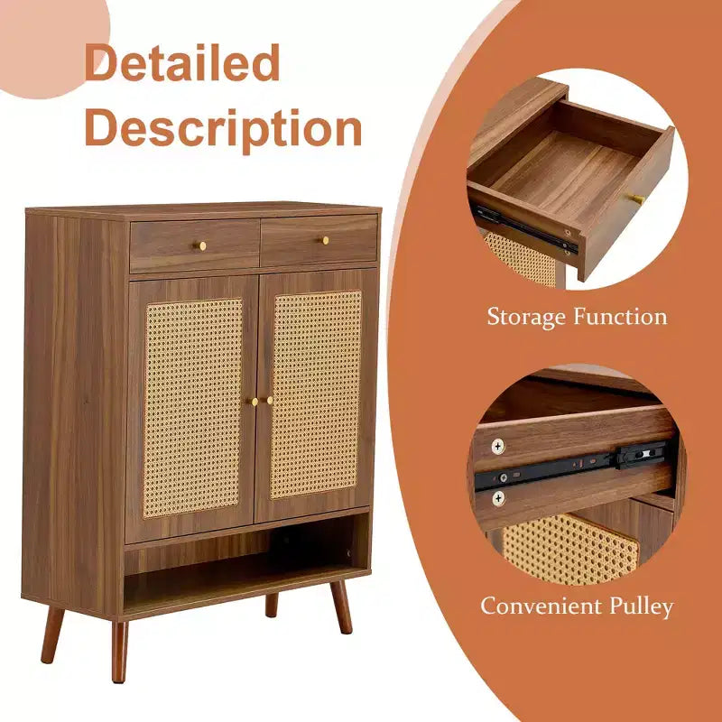 Schuhschrank im Mid-Century-Stil mit Rattan-Türen und Schubladen, Platz für 15 Paar – Nussbaum / Natur / Rattan